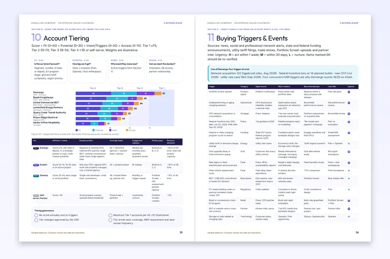 Sample pages with an account tiering model, scored sample accounts and a library of buying triggers.